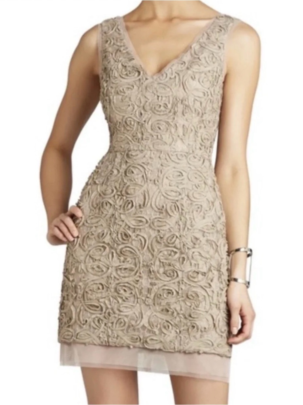 BCBGMaxAzria Taupe Rosette Lace V-Neck Mini Dress (SKU855)